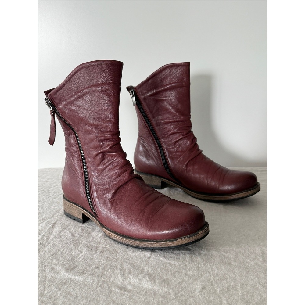 Biza Jade Ankle Boots 39 Burgundy Leather Ruched Slouchy Dual Zip Boho Moto